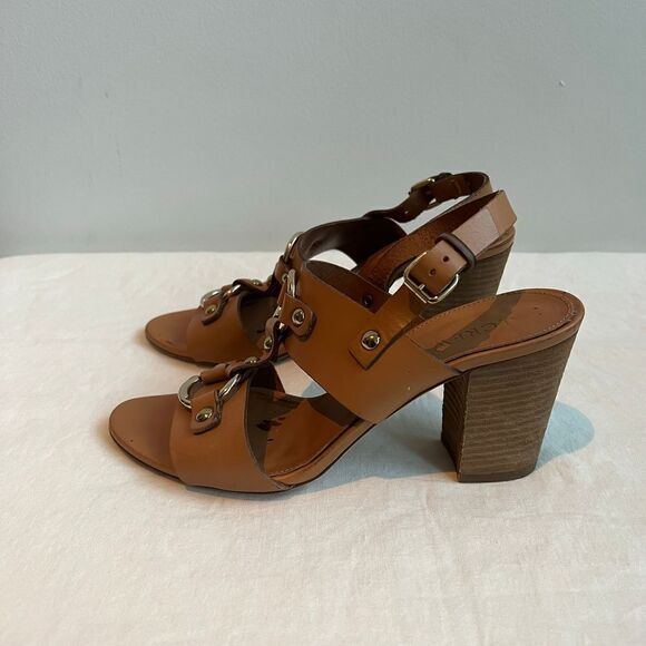 J.Crew Made in Italy Tan Leather Gold Finished Hardware Heel Sandal Size 8 - Picture 2 of 10